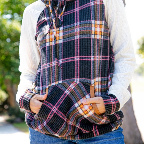 Multicolor Plaid Cable Knit Elbow Pad Hoodie - Picture 7 of 8